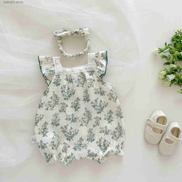 Rompers Summer Baby Cotton Clothes Newborn Baby Rompers Floral Organic Cotton Flying Sleeve Cute Jumpsuit With Hairband Infant Outwear T230529