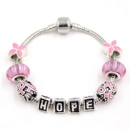 New Arrival Breast Cancer Awareness Pink Ribbon Jewelry DIY Interchangeable Pink Ribbon 4 leaf flower Beads Hope Bracelet Jewelry Wholesaler