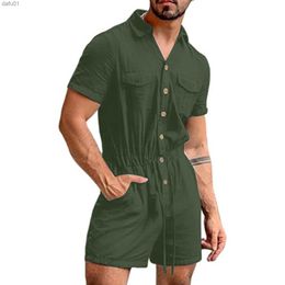 Men's Shorts Men's Summer Casual Short Sleeve Turn-down Collar Button Solid Colours Cotton Linen Pocket Shorts Jumpsuit Beach Loose Romper#g3 L230520