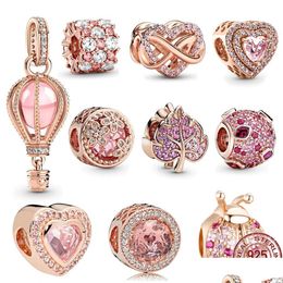 Charms 925 Sterling Sier Pandora Charm And Glittering Heart Bead Pink Air Balloon Jewelry Is Suitable For Primitive Classic Bracelet Dh6My