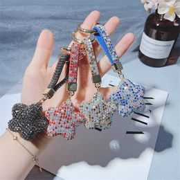 Key Rings Cute Shiny Crystal Star Keychain Holder Leather Hanging Rope Rhinstone Car Keyring Korean Fashion Bag Charm Pendant Jewelry Gift G230526