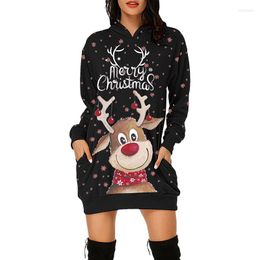 Casual Dresses Elegant Women Mini Dress Autumn Fashion Hooded Long-sleeved Loose Vintage Christmas Elk Print Lady Party