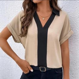 Women's Blouses Trendy Women Top Turn-down Collar Pullover Elegant OL Style Lady Patchwork Clothing