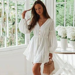 Casual Dresses Ardm Elegant V Neck Lace A-Line White For Women 2023 Long Sleeve High Waist Up Party Mini Dress Sweet Vestidos