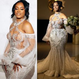 2023 Arabic Aso Ebi Beaded Crystals Wedding Dress Lace Halter Mermaid Long Sleeves Bridal Gowns Dresses ZJ2022