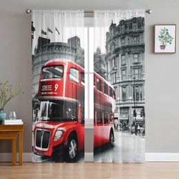 Curtain Red Bus London Street Scenery Sheer Curtains For Living Room Bedroom Kitchen Chiffon Tulle Home El Coffee Decor