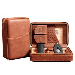Light Luxury and High Grade Cedar Wood Leather Portable Travel Set Windproof Lighter Cigar Clipper Moisturising Cigar Carrying Case