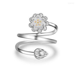 Cluster Rings Sterling Silver Female Flower Ring Buddhist Lotus Multi-Layers Opening Art Women Fashion Jewellery Adjustable Design