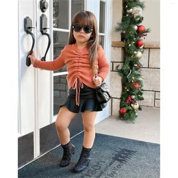 Clothing Sets 2PCS Fashion Toddler Kids Set Baby Girls Ruffle Ribbed Lace-up Long Sleeve T-Shirt Tops Leather Skirts Outfits Casual Clothes