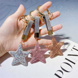 Key Rings Luxury All Water Diamond Star Pendant Women's Handmade Crystal Leather Strap Car Keychain Jewellery G230526