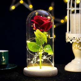 Decorative Flowers Eternal Flower Glass Cover Rose Ornaments Artificial With LED Forever Pink Valentine's Day Romantic Gifts Home Decor