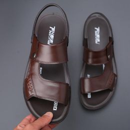 Sandals Summer Fashion Men Shoes Vintage Cow Leather Non-slip Beach Slip-On Travel Flip Flop Slippers Black BrownSandals