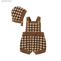 Rompers Baby Rompers Clothes Newborn Netural Sleeveless Plaid Pattern Jumpsuits Caps Outfits Infant Boys Girls Knitting Toddler Knitwear T230529