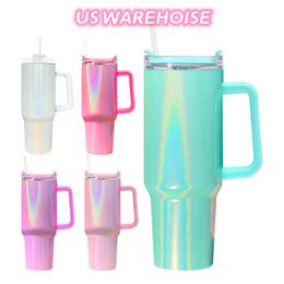 US WAREHOUSE 40oz Sublimation Glitter Stainless Steel Tumblers with handle Water Bottle Portable Outdoor Sports Cup Insulation Travel Vacuum Flask Bottles Z11