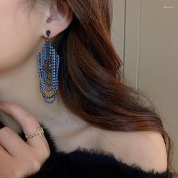 Dangle Earrings Retro Exaggerated Blue Rhinestone Long Tassel For Women Oversize Crystal Statement Jewellery