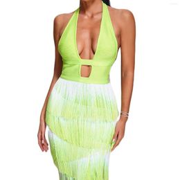 Casual Dresses Excellent Arrival Fluorescent Green Deep V Halter Tassel Sexy Women Cocktail Bodycon Bandage Party Clubwear Night