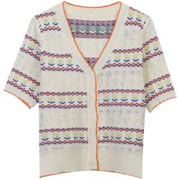 522 L 2023 Summer Sweaters Women's Cardigan Sweater Apricot Striped V Neck Short Sleeve Brand Same Style Women's mingmo