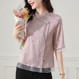 Women's Blouses Chinese Style Improved Hanfu Elegant Pink Jacquard Patchwork Blouse For Women Stand Collar Slash Single Breasted Tops