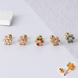 Stud Earrings 1 PCS Small Gold Colour Zircon Flower Earring For Women Cute Stainless Steel Screw Bar Ear Cartilage Piercing Jewellery