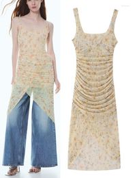 Casual Dresses 2023 Women Summer Strap Dress Fashion Print Mesh Fabric Thin Pleated Female Elegant Street Clothing