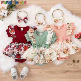 Rompers 0-18 Months Newborn Baby Jumpsuit Summer Baby Short Sleeve Top+Printed Skirt With Headband Baby Girl Clothes Infants Outfits T230529