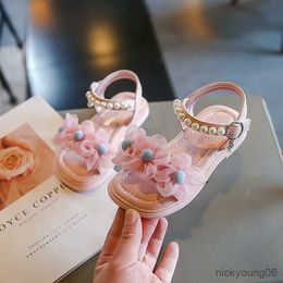 Sandals Girls Sandals Flowers Sweet Princess Mary Jane Shoes Children Fashion with Pearls Summer New 2023 Kids Shoes for Party Wedding R230529