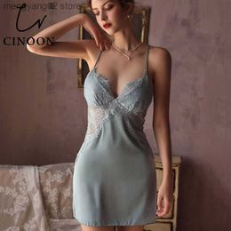 Sexy Pyjamas CINOON Women Nightgowns Sexy Lace Satin Sleepwear V-neck Nightdress With Chest Pads Homewear Thin Backless Lounge Soft Nightwear T230529