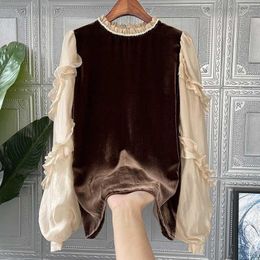 Women's T Shirts Contrast Color Blouses Women 2023 Camisas De Mujer Stand Neck Ruffles Long Sleeve Velvet Korean Vintage Blouse Tops M364