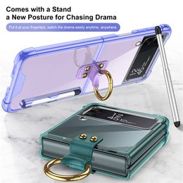 Luxury Ring Holder Clear Vogue Phone Case for Samsung Galaxy Folding Z Flip4 5G Full Protective Soft Bumper Transparent Bracket Fold Shell with Capacitive Pen