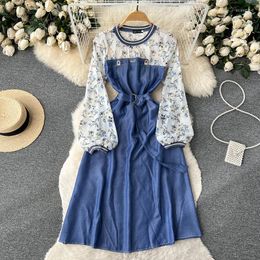 Casual Dresses Female Spring Summer Round Neck Jean Midi Dress Vintage Women Long Sleeve Flower Chiffon Patchwork Denim Women's