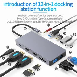 Stations USB Type C Docking Station 12 in1 Hub USB 3.0 2xHDMICompatible Interface for Laptop Rj45 PD100W TF SD Fast Hub Dropshipping