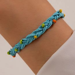 Ethnic Blue Woven Fried Dough Twists Single layer Bangle Female Fashion Geometric Rice Bead Bracelet