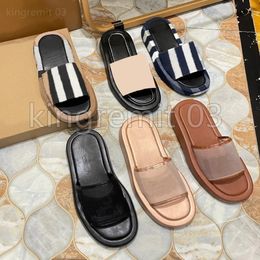 Designer Vintage Stripe Slippers Cheque Slipper Women Mules Sandals Summer Flat Comfort Round Toe lattice Slippers Fashion Sandal Stripe Slides With Box