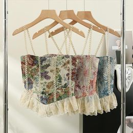 Women's Tanks Arrival Summer Vintage Printed Flowers Camisole Woman Patched Ruffled Lace Stretchy Back Slim Camis Crop Top For Girl