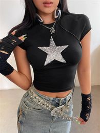 Women's T Shirts Wsevypo Shiny Sequin Star Black T-Shirts Summer Grunge Punk Style Women Short Sleeve Round Neck Slim Crop Tops Streetwear