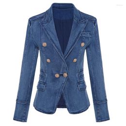 Women's Suits Fashion Blazer Double Breasted Denim Lion Buttons Jacket Slim Coat Streetwear Blue Jeans Jackets