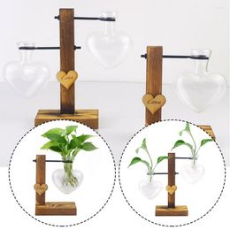 Vases Modern Transparent Glass Hydroponic Flower Vase Wood Frame Pot Heart Shape Clear Tabletop Plant Home Decor