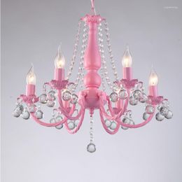 Chandeliers Modern Pink Lamp Hanging Crystal For Bedroom Girls Princess Children Iron LED Chandelier Wedding Decoration Lighting