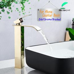Bathroom Sink Faucets Golden Waterfall Basin Faucet Above Counter Deck Mounted Cold Water Mixer Single Handle Hole Tap