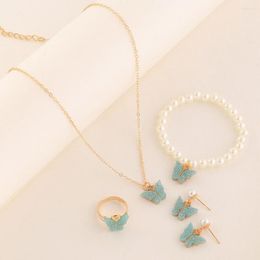 Necklace Earrings Set 5Pcs Wholesale Sweet Pearl Butterfly Charm Acrylic Ring Bracelet Jewellery For Girls Princess Gift