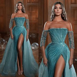 Luxury Beads Evening Dresses Strapless Half Sleeves Formal Party Prom Dress Slit Overskirts Dresses for special occasions