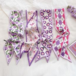 Scarves Arrival Plaid Satin Scarf Neckerchief Handle Bag Band Floral Print Headscarf Purple Hair Bands Long Ribbon Accessories