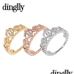 Cluster Rings Dinglly Classic 3 Color Gold Sier Rose Princess Crown Ring Jewellery For Women Drop Delivery Jewelry Dhk1Z