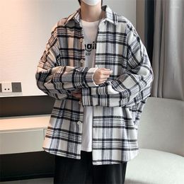 Men's Casual Shirts Men 2023 Spring Autumn Fashion Oversized Plaid Male Button Up Long Sleeve Clothing Loose Blouses P145