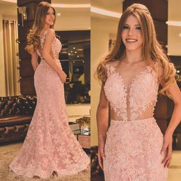 2023 Sexy Evening Dresses Wear Off Shoulder Pink Full Lace Appliques Mermaid Crystal Pearls Illusion Prom Gowns Special Occasion Floor Length Sheer Back