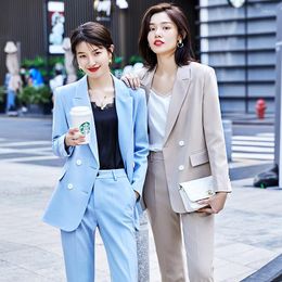 Women's Two Piece Pants Fashion Sky Blue Blazer Women Business Suits Pant And Jacket Sets Office Ladies Work Uniform OL Styles Pantsuits