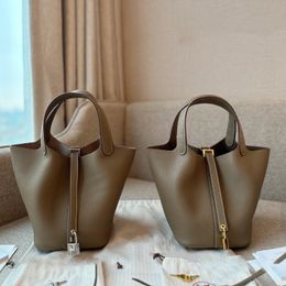 Vegetable Basket Bags Picotin Lock Female Genuine Leather Drawstring first layer Cowhide Handbag Bucket Bag Brand Tote Luxury Mini Oil wax Oil wax