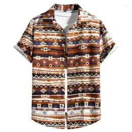 Men's Casual Shirts Men's Shirt Geometric Figure Horizontal Stripes Digital Printing Short-sleeved Man Four-Way Stretch Summer Top