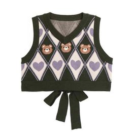 Tanks Kawaii Argyle Cropped Sweater Vest Women Preppy Cute Bear Black Knit Top Harajuku Pastel Goth Y2k Clothes Korean Fashion