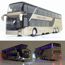 Diecast Model car Sale High quality 1 32 alloy pull back bus model high imitation Double sightseeing bus flash toy vehicle 230526